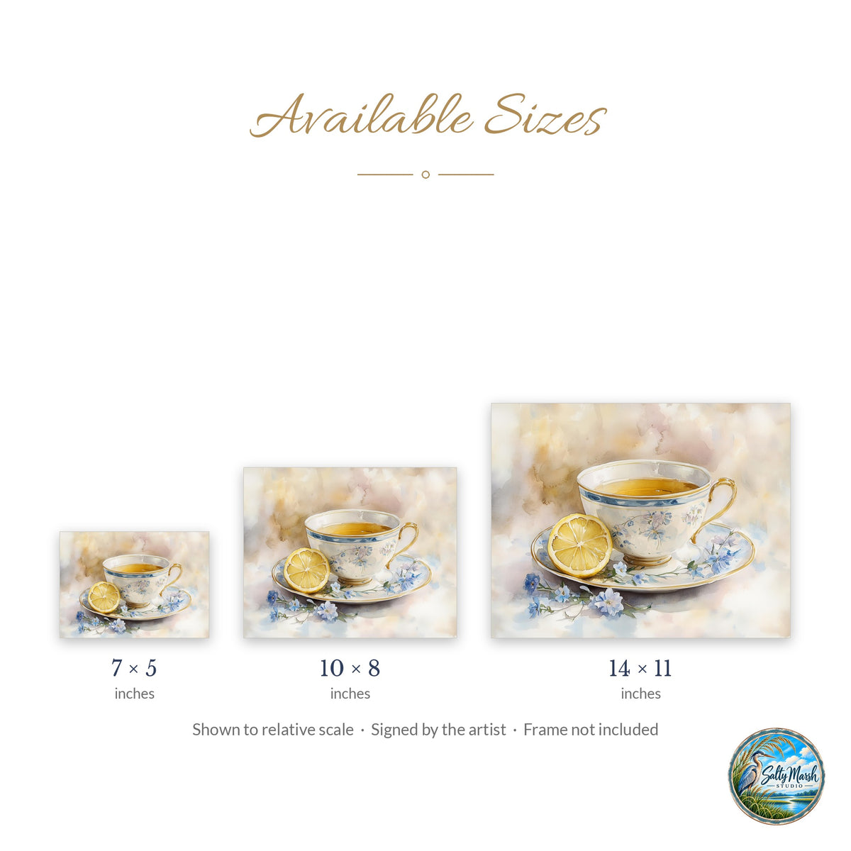 Teacup with Lemon art print size guide: 5x7, 8x10 and 11x14