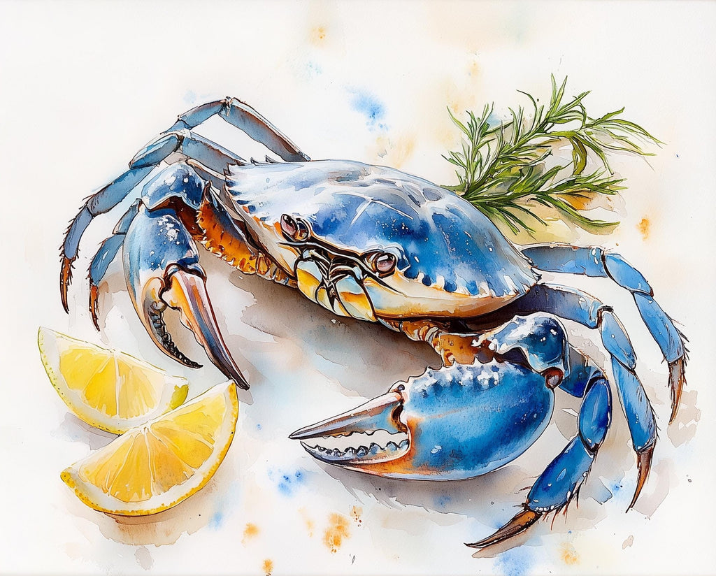Blue Crab Lemon animal art print unframed, signed by Pattie Overcash