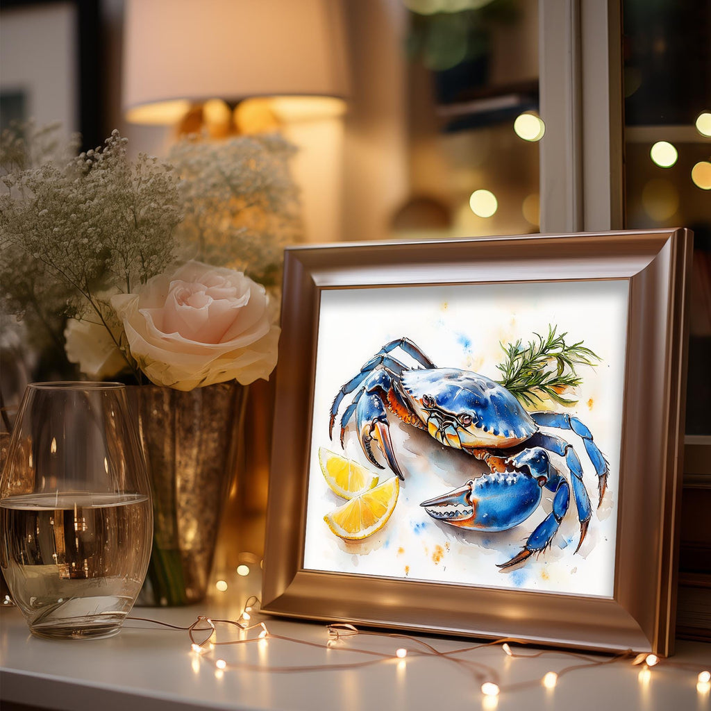 Blue Crab Lemon animal art print shown in a room setting