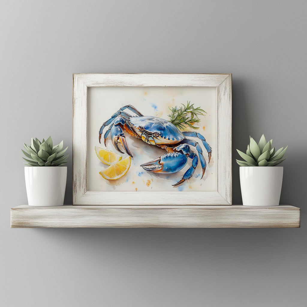 Blue Crab Lemon animal art print shown in a room setting