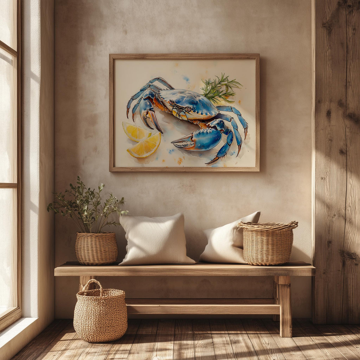 Blue Crab Lemon animal art print shown in a room setting