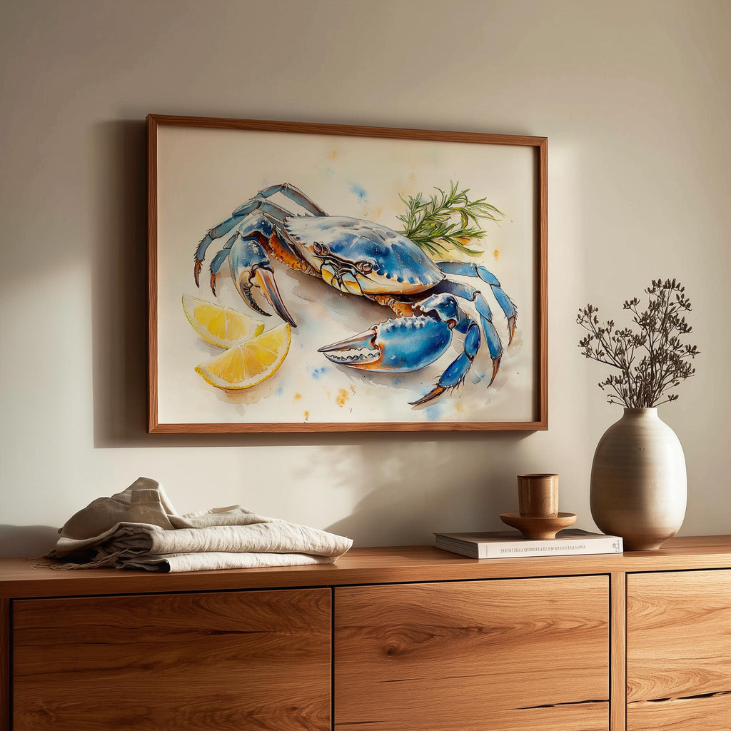 Blue Crab Lemon animal art print shown in a room setting