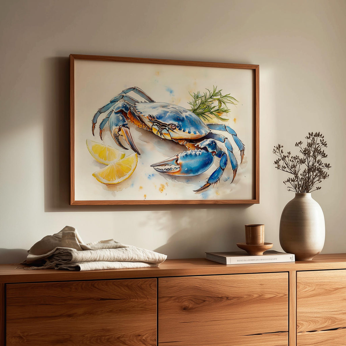 Blue Crab Lemon animal art print shown in a room setting