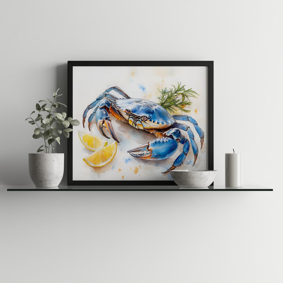Blue Crab Lemon animal art print shown in a room setting