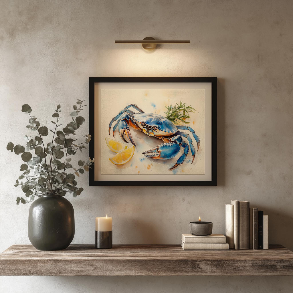 Blue Crab Lemon animal art print shown in a room setting