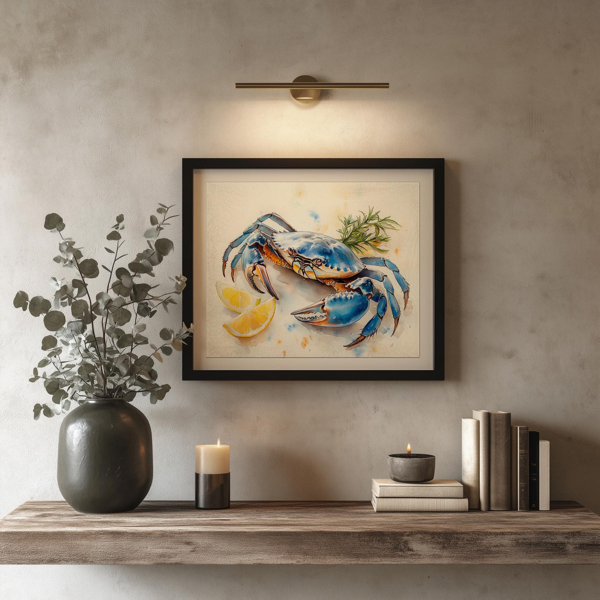 Blue Crab Lemon animal art print shown in a room setting