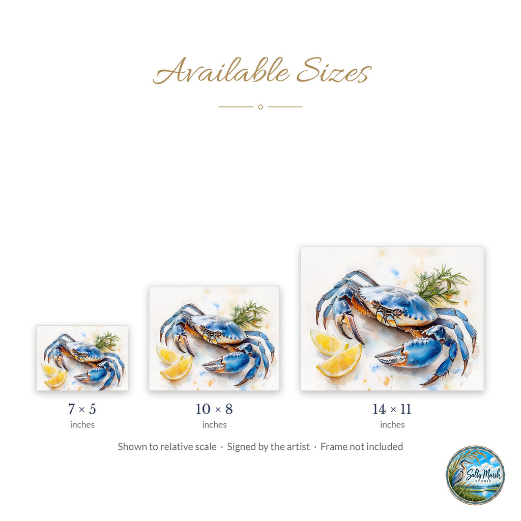 Blue Crab Lemon art print size guide: 5x7, 8x10 and 11x14