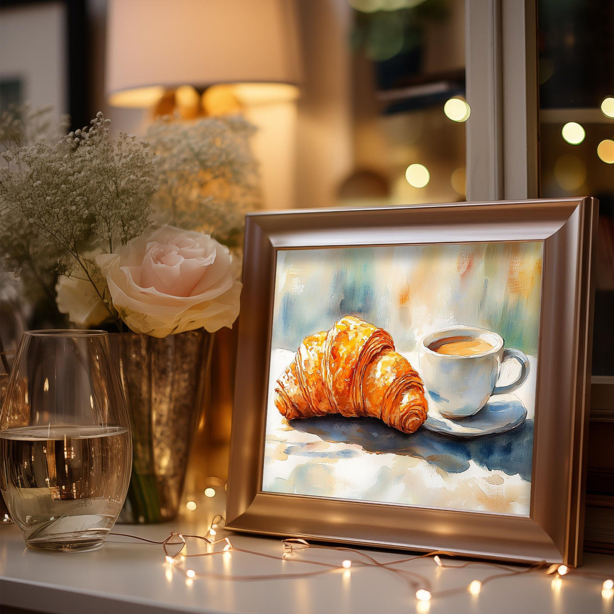 Croissant Coffee kitchen art print shown in a room setting
