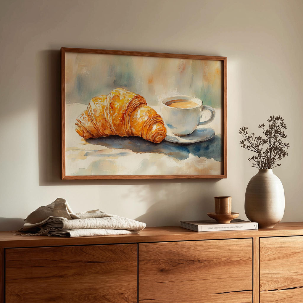 Croissant Coffee kitchen art print shown in a room setting