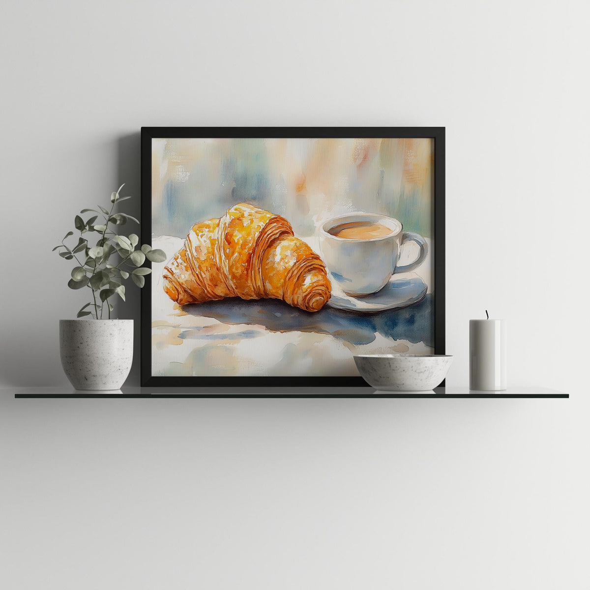 Croissant Coffee kitchen art print shown in a room setting