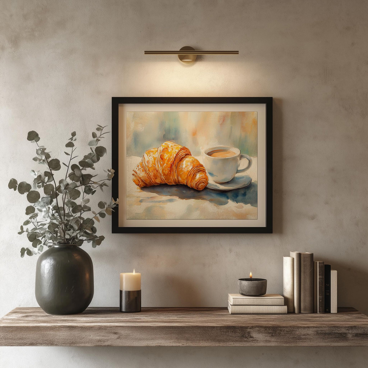 Croissant Coffee kitchen art print shown in a room setting
