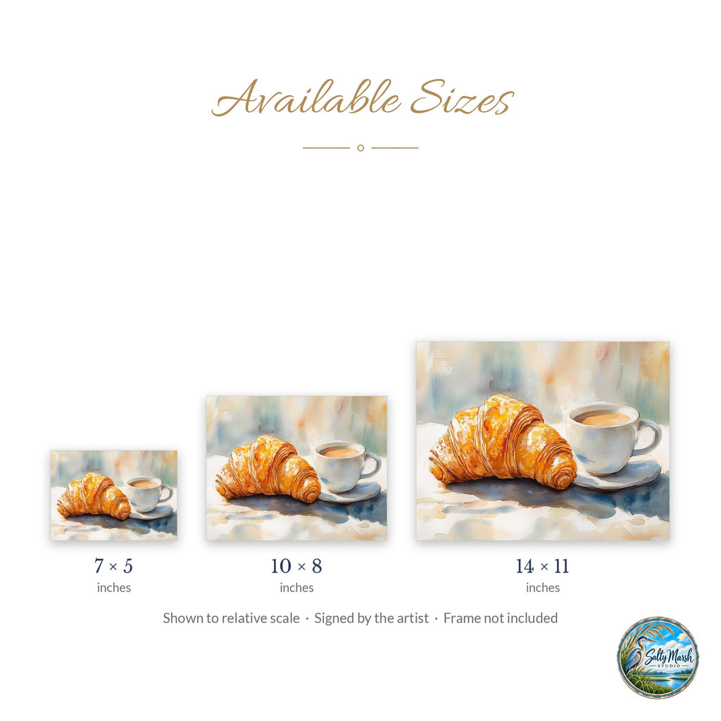 Croissant Coffee art print size guide: 5x7, 8x10 and 11x14