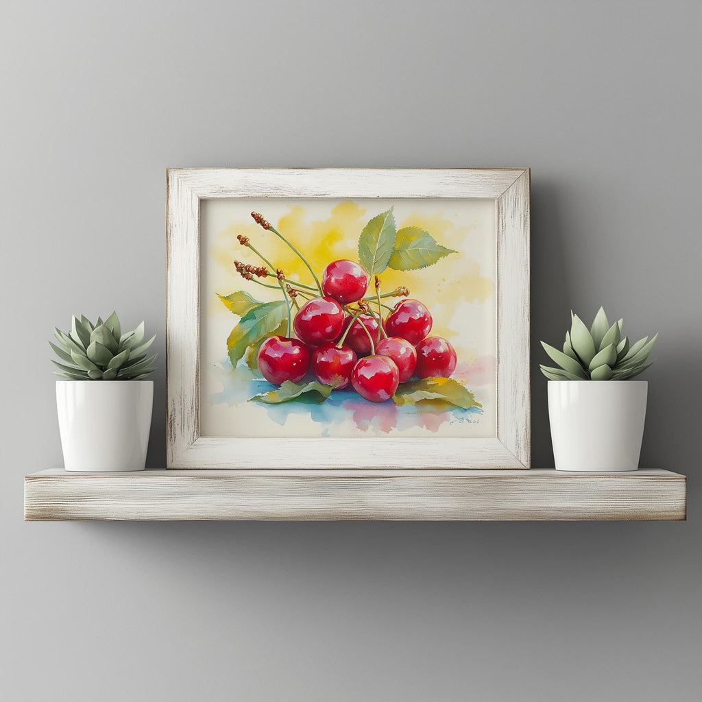 Red Cherries kitchen art print shown in a room setting