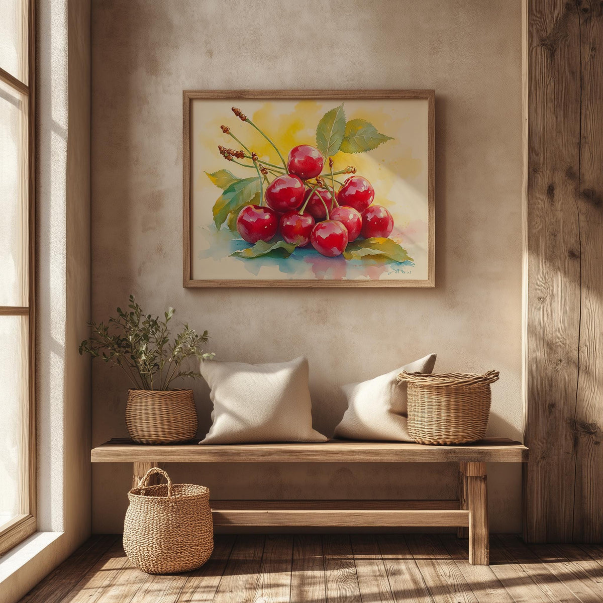 Red Cherries kitchen art print shown in a room setting