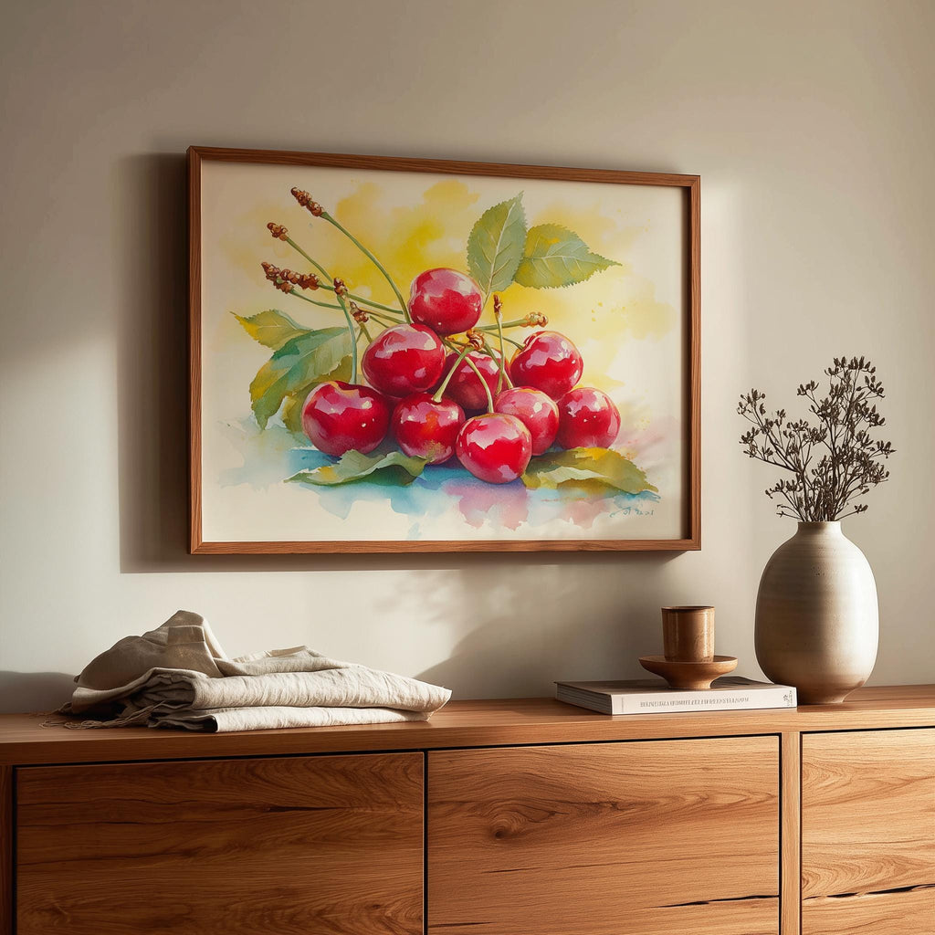 Red Cherries kitchen art print shown in a room setting