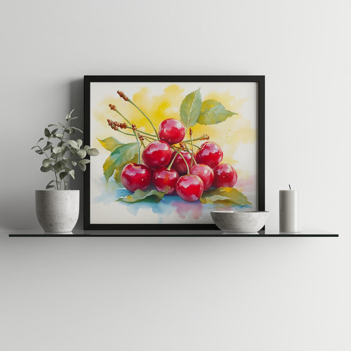 Red Cherries kitchen art print shown in a room setting