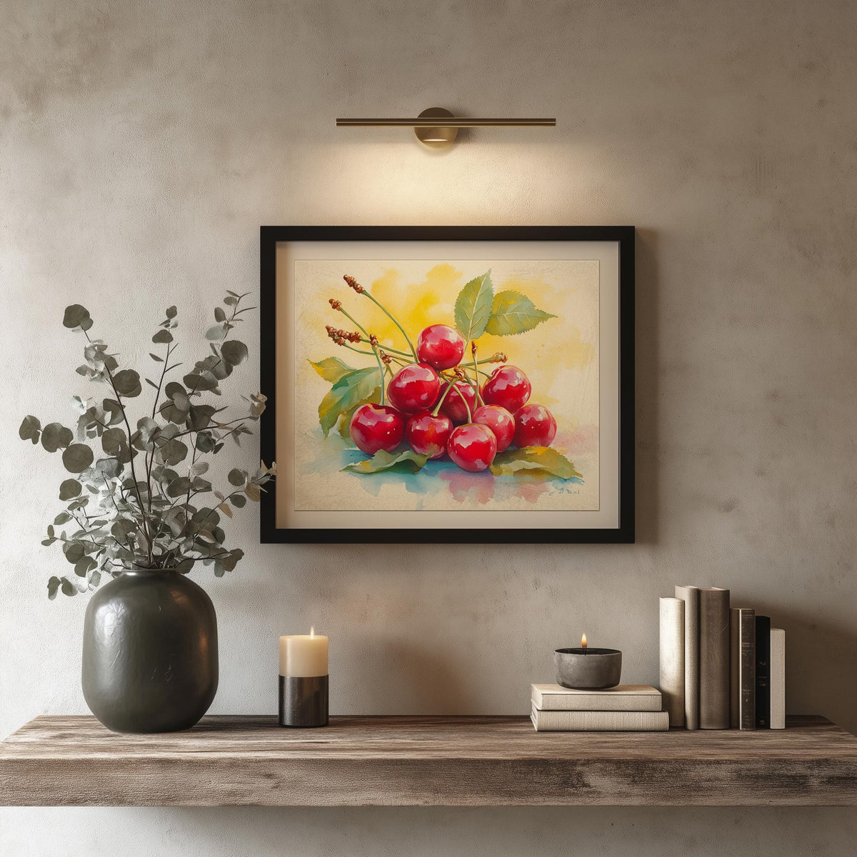 Red Cherries kitchen art print shown in a room setting