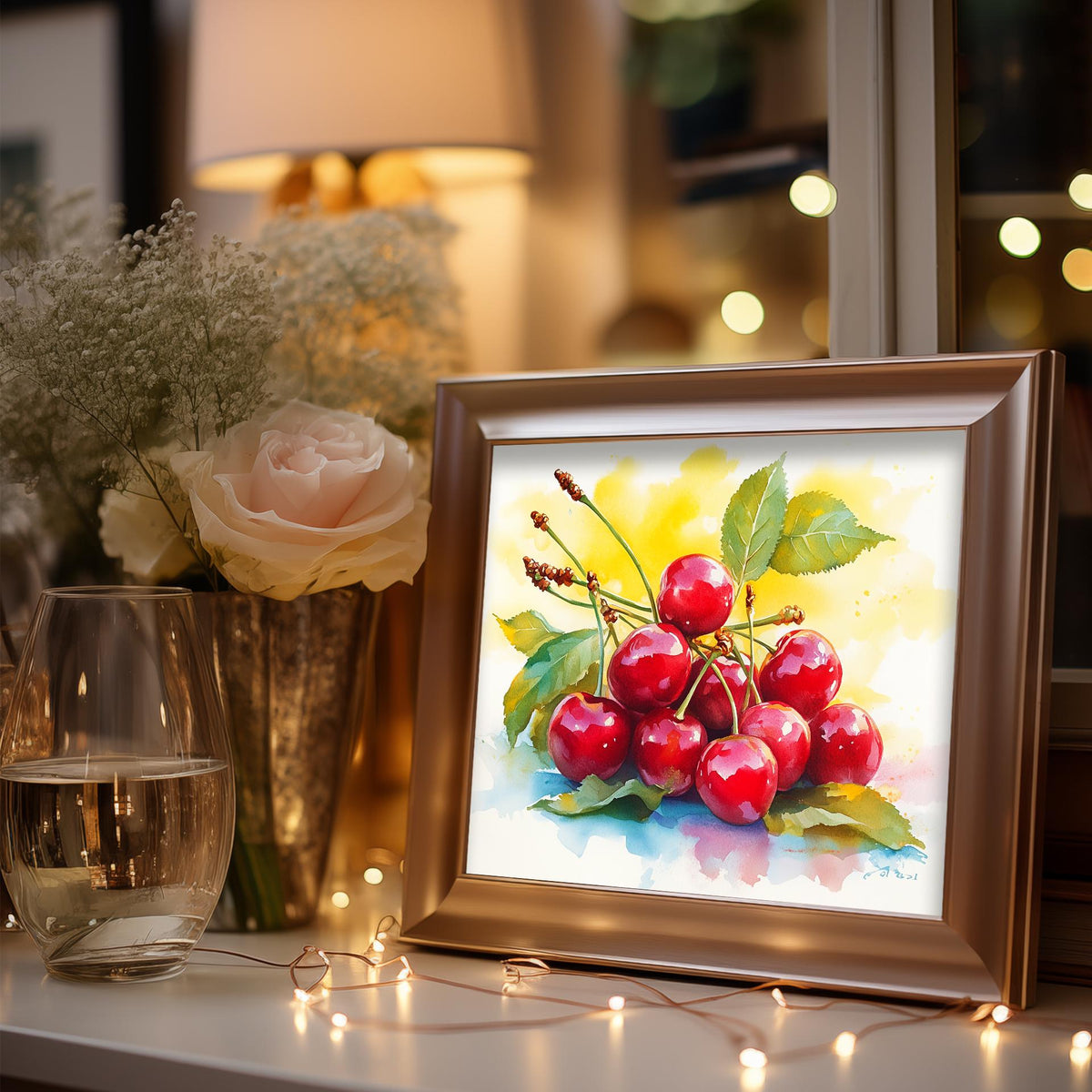 Red Cherries kitchen art print shown in a room setting