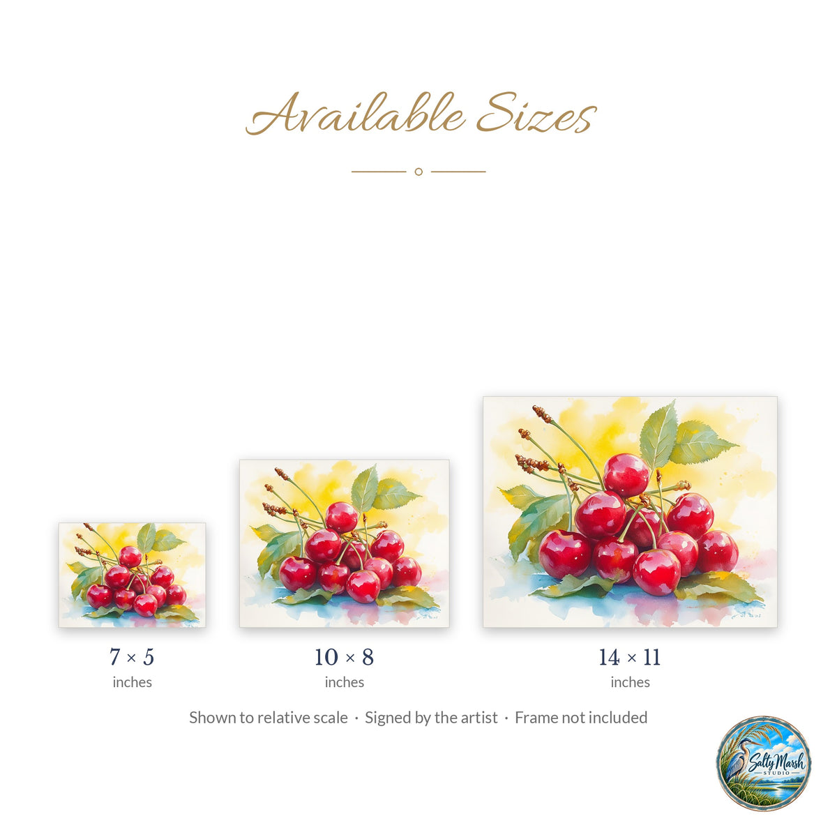 Red Cherries art print size guide: 5x7, 8x10 and 11x14