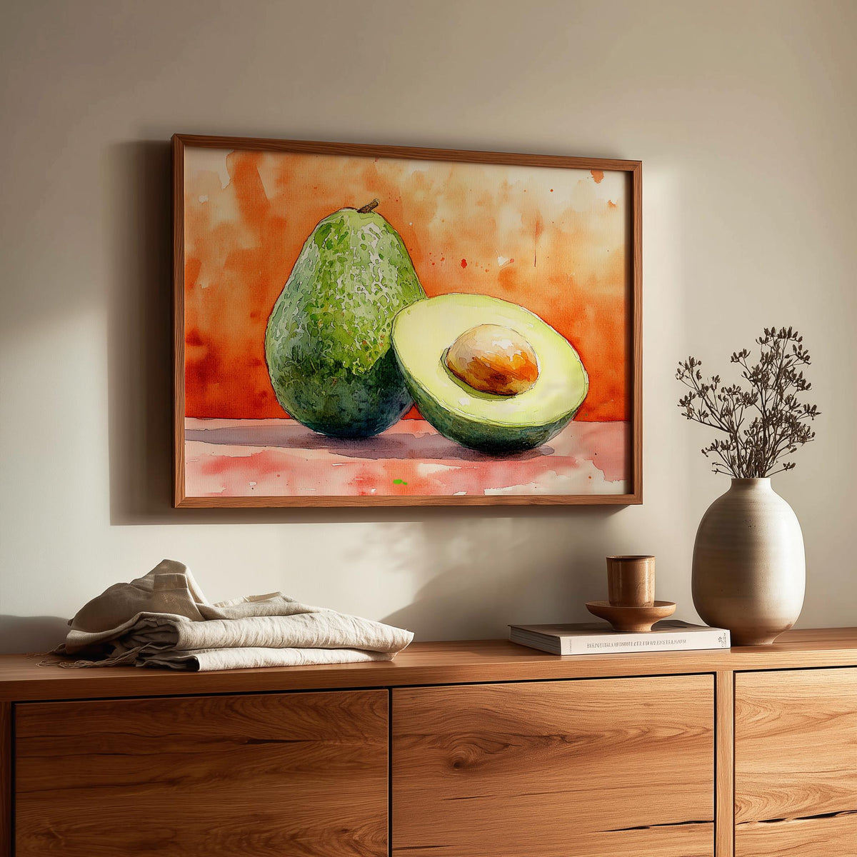 Avocado kitchen art print shown in a room setting