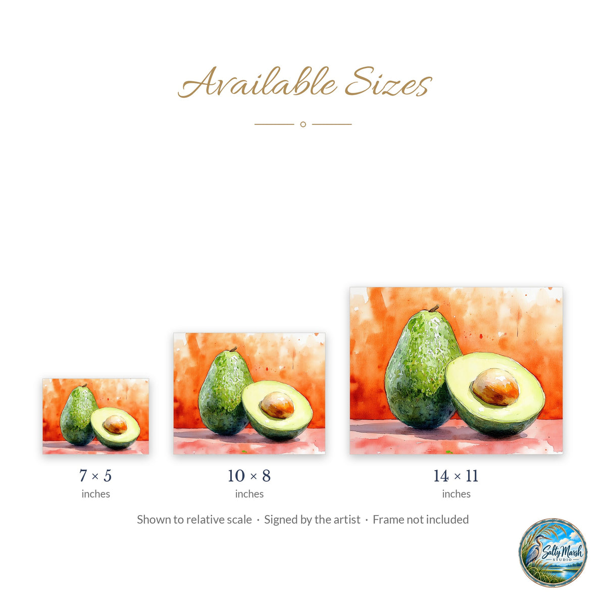 Avocado art print size guide: 5x7, 8x10 and 11x14