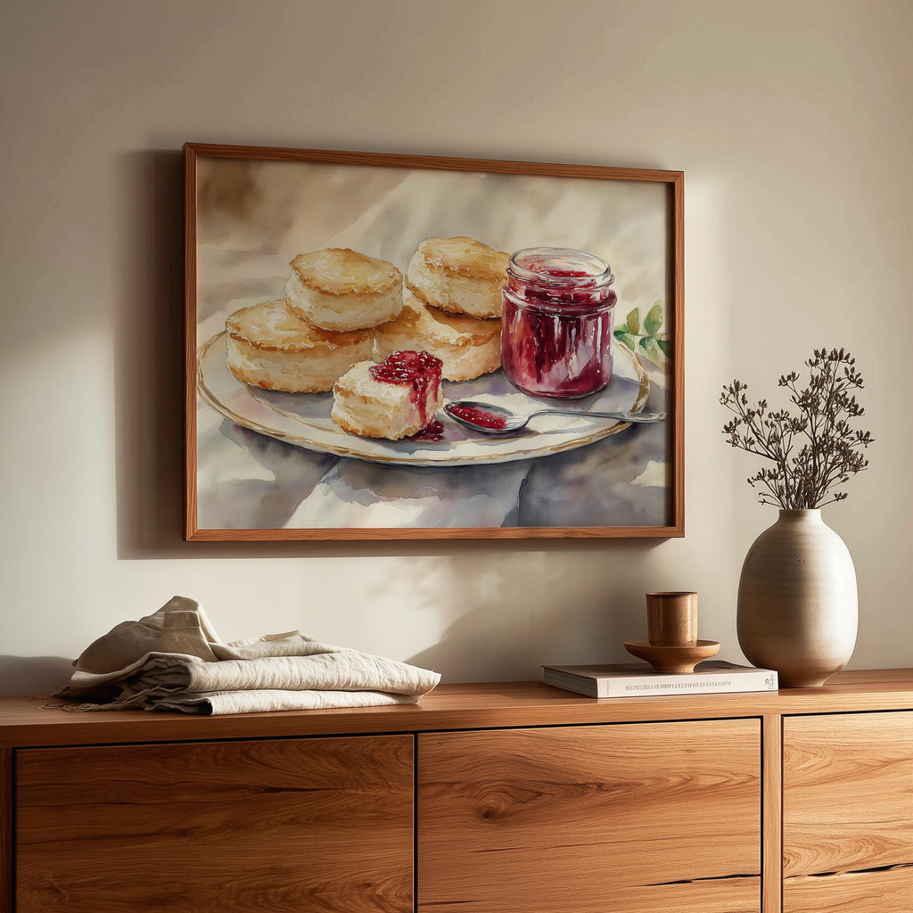 Biscuits Jam kitchen art print shown in a room setting