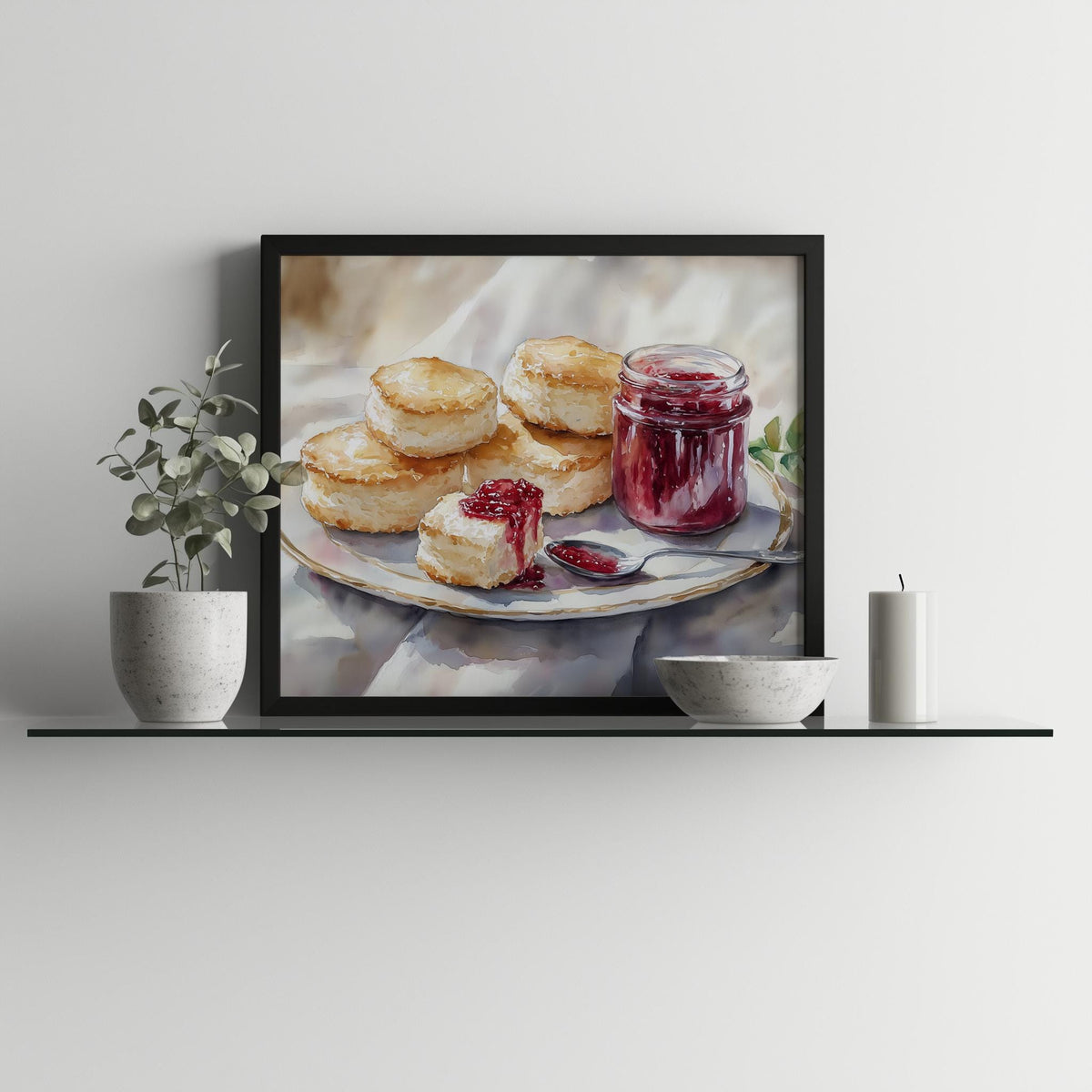 Biscuits Jam kitchen art print shown in a room setting
