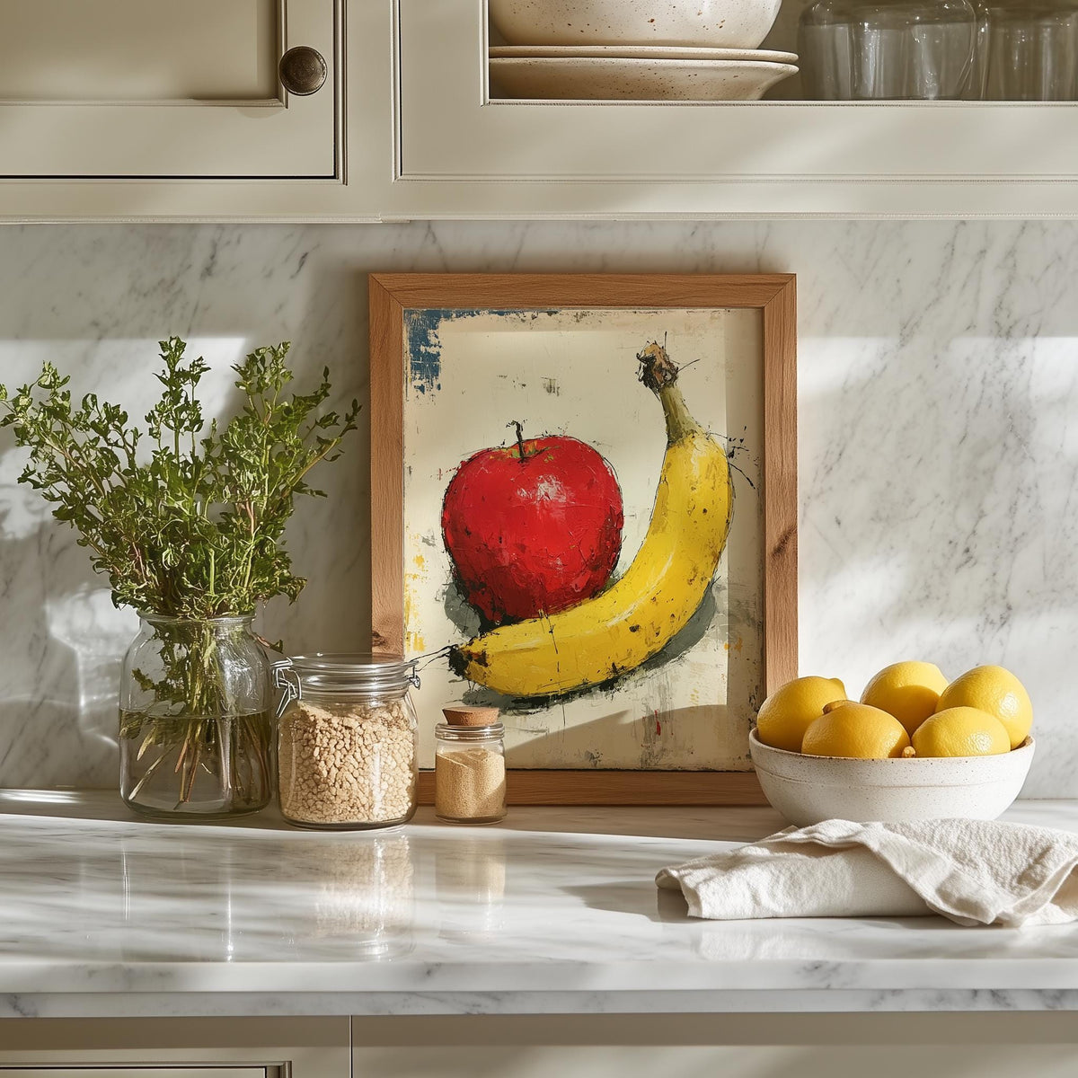 Apple and Banana kitchen art print shown in a room setting