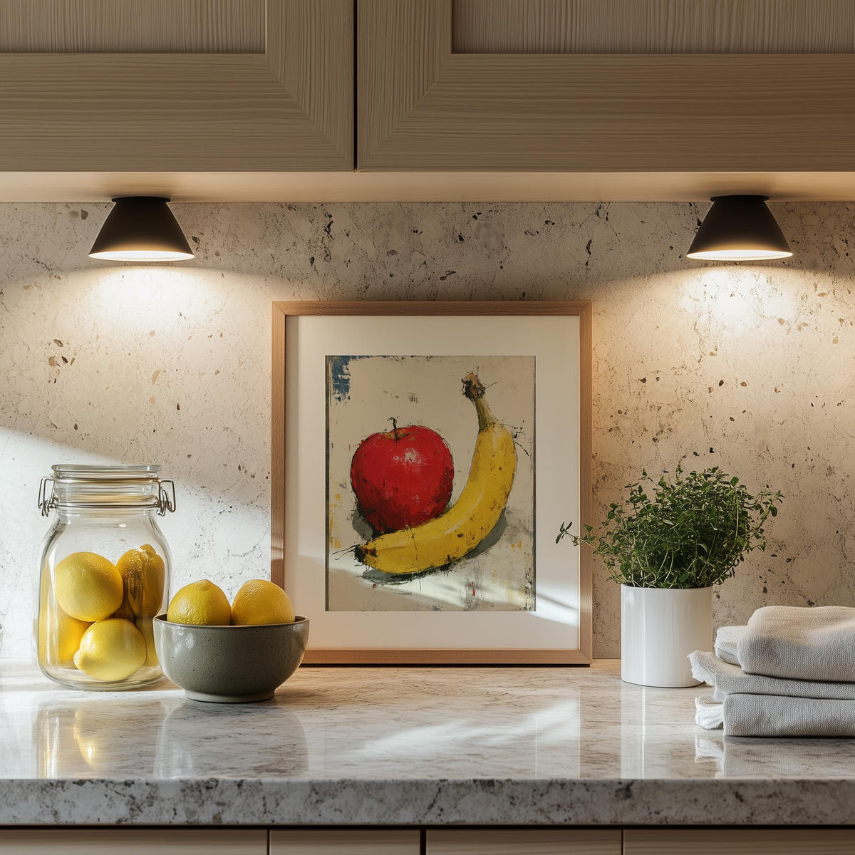 Apple and Banana kitchen art print shown in a room setting