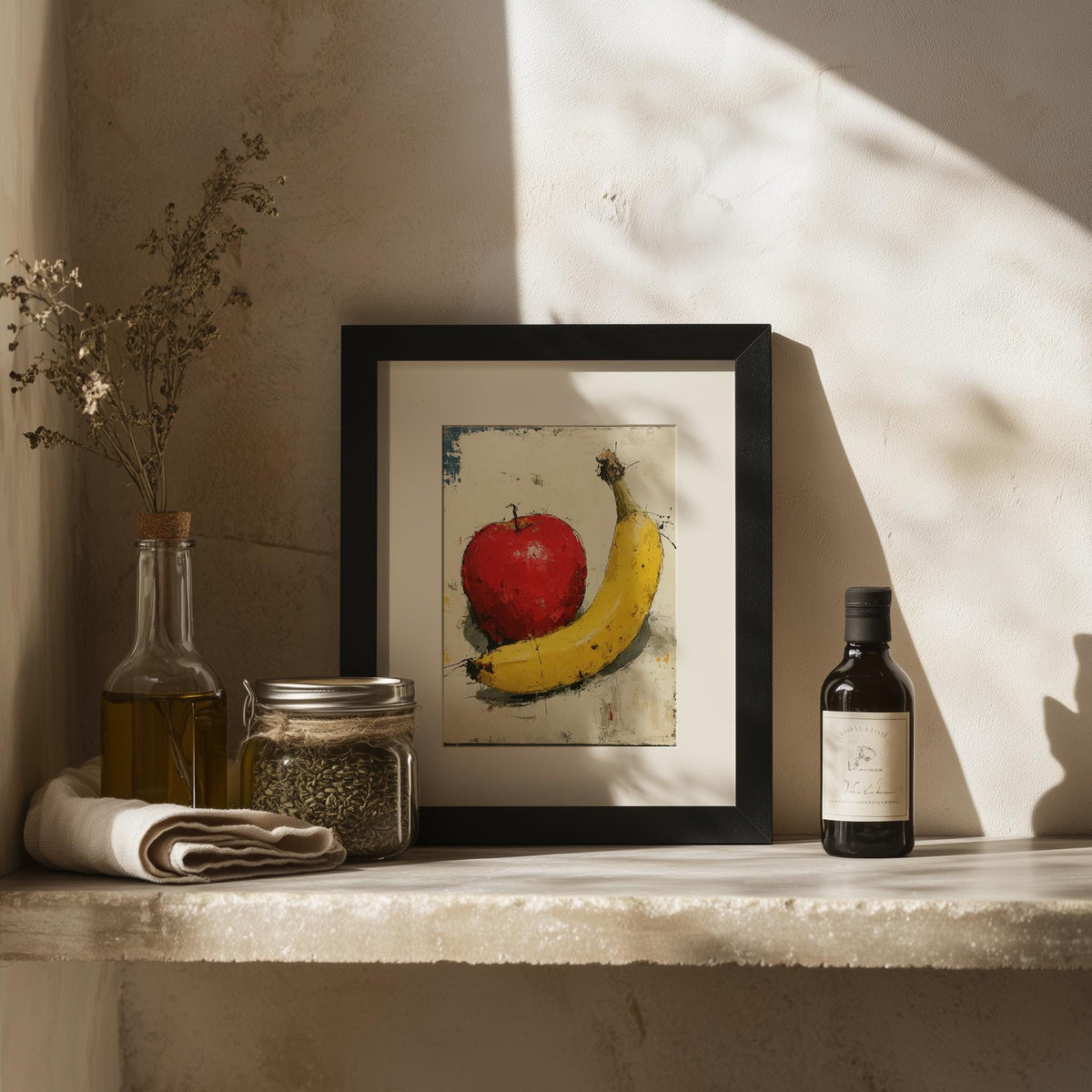 Apple and Banana kitchen art print shown in a room setting