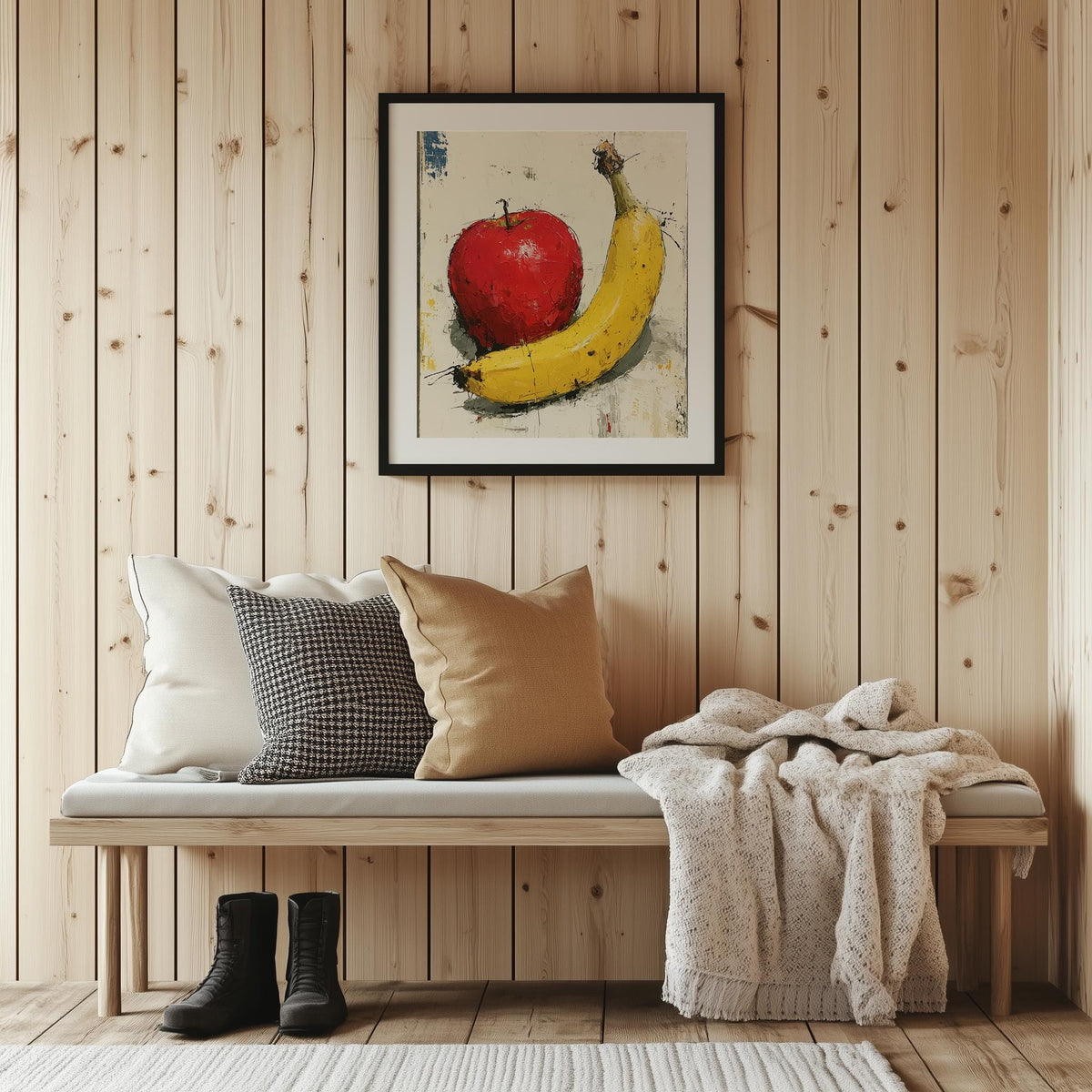 Apple and Banana kitchen art print shown in a room setting