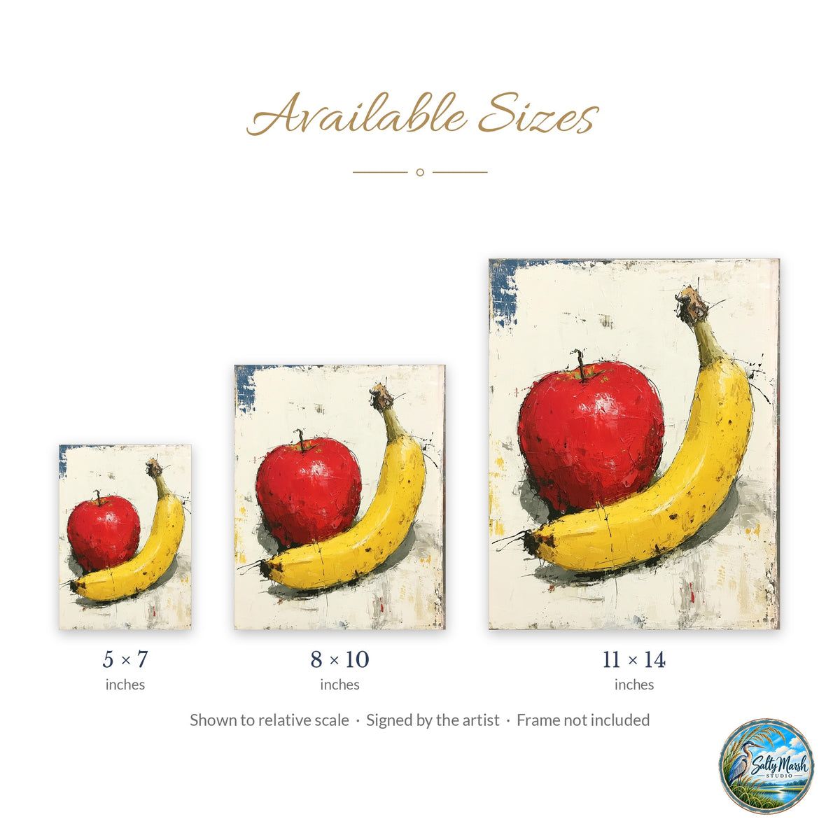 Apple and Banana art print size guide: 5x7, 8x10 and 11x14