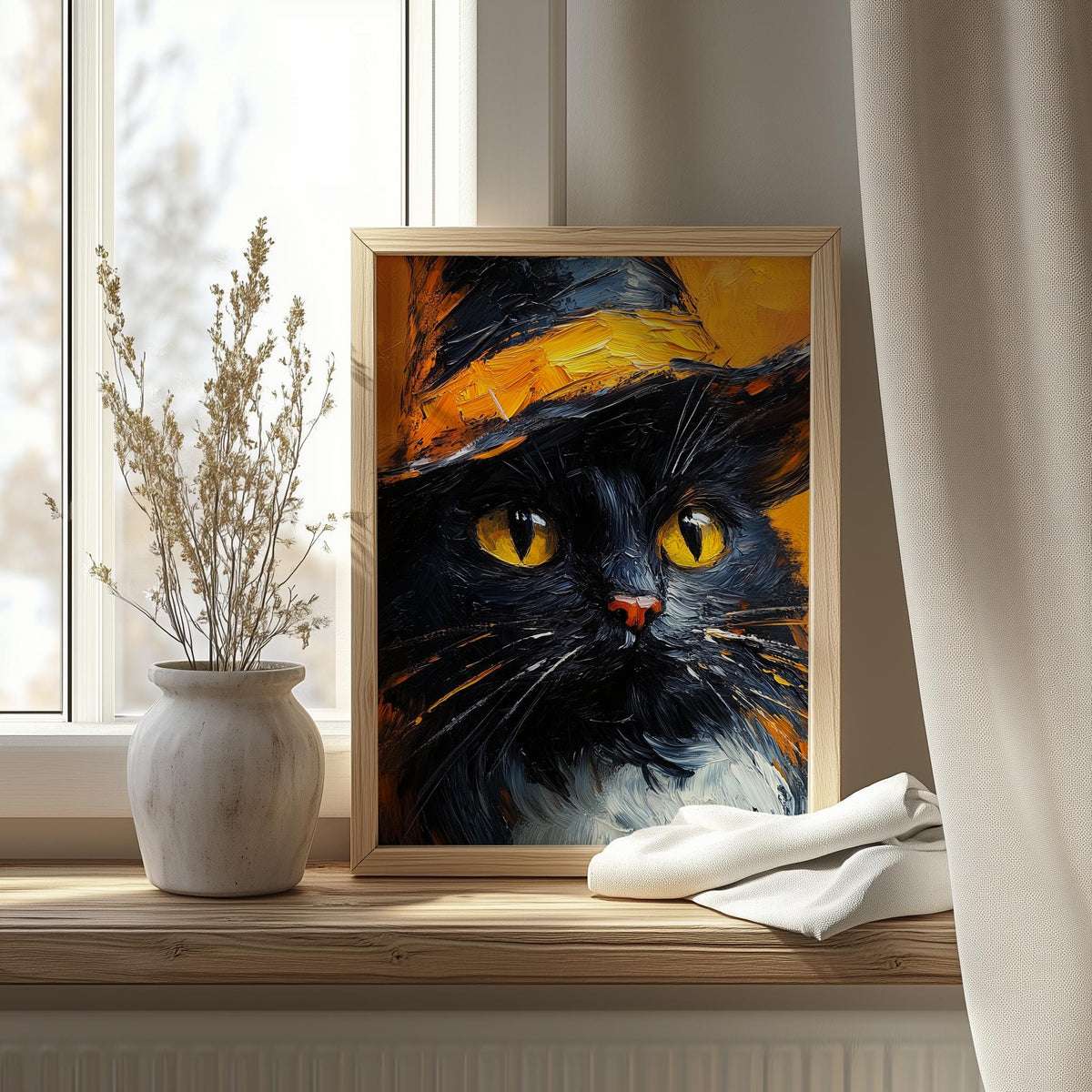 Witch Hat Black Cat Halloween art print shown in a room setting