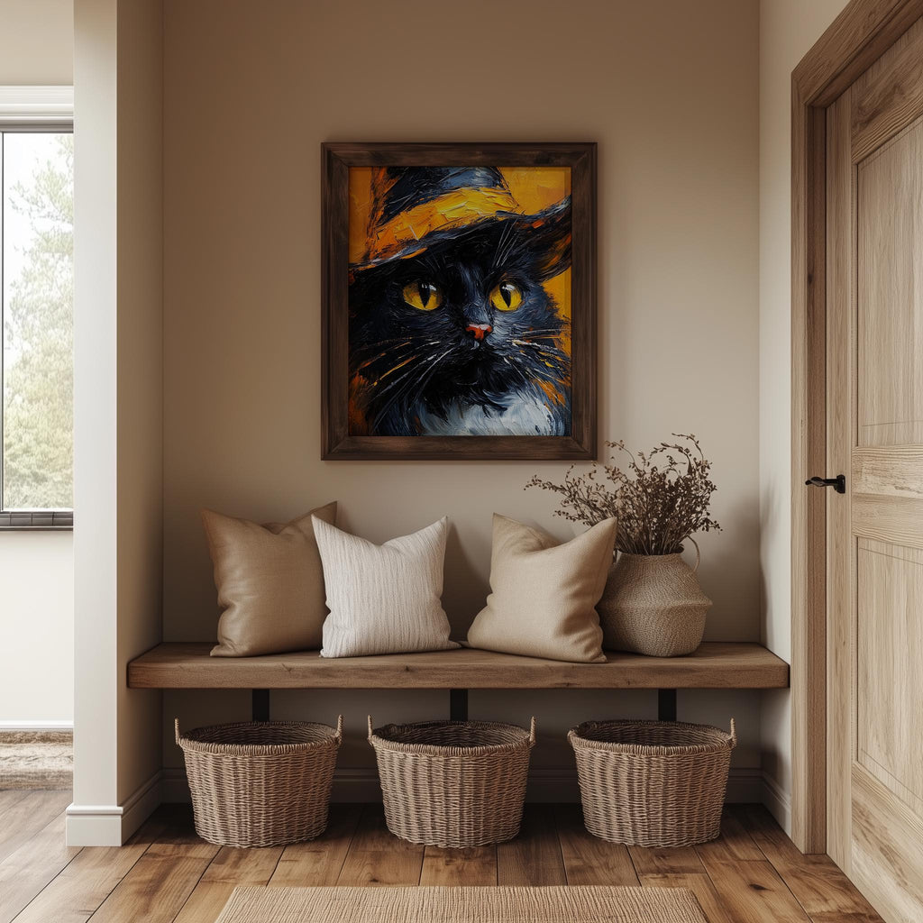 Witch Hat Black Cat Halloween art print shown in a room setting