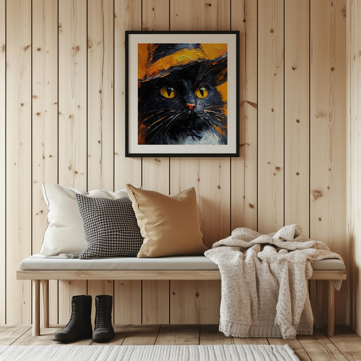 Witch Hat Black Cat Halloween art print shown in a room setting