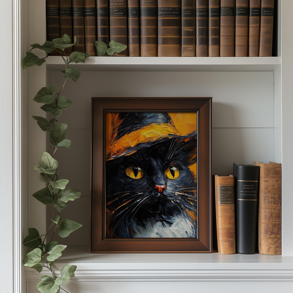 Witch Hat Black Cat Halloween art print shown in a room setting