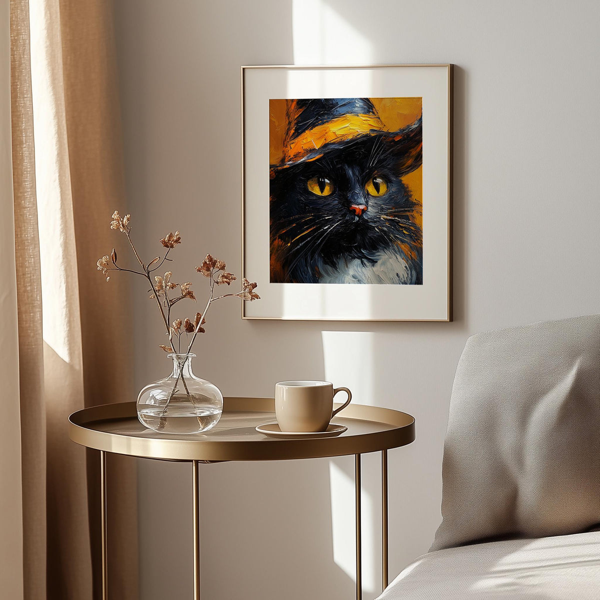 Witch Hat Black Cat Halloween art print shown in a room setting