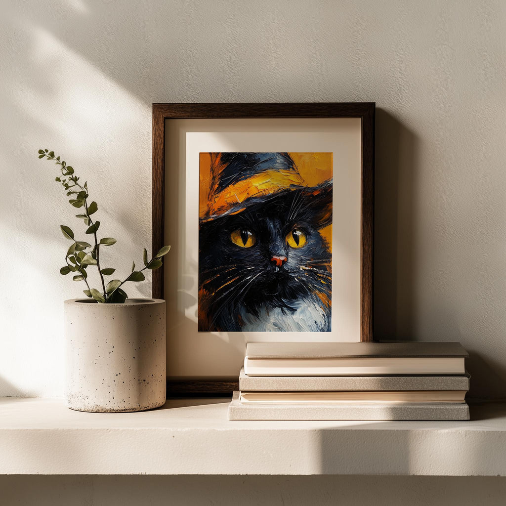 Witch Hat Black Cat Halloween art print shown in a room setting
