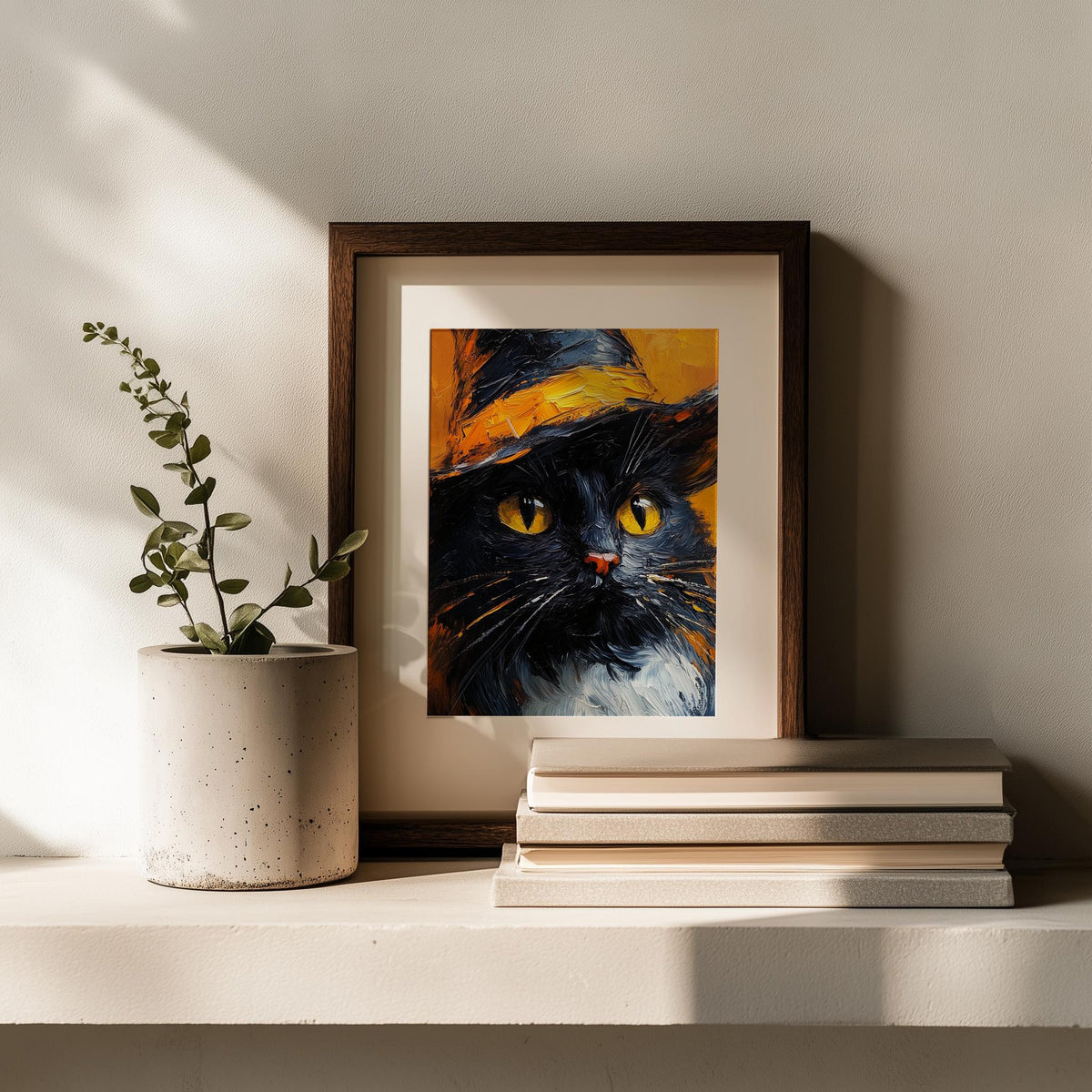 Witch Hat Black Cat Halloween art print shown in a room setting