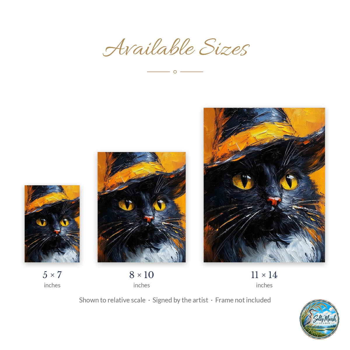 Witch Hat Black Cat art print size guide: 5x7, 8x10 and 11x14