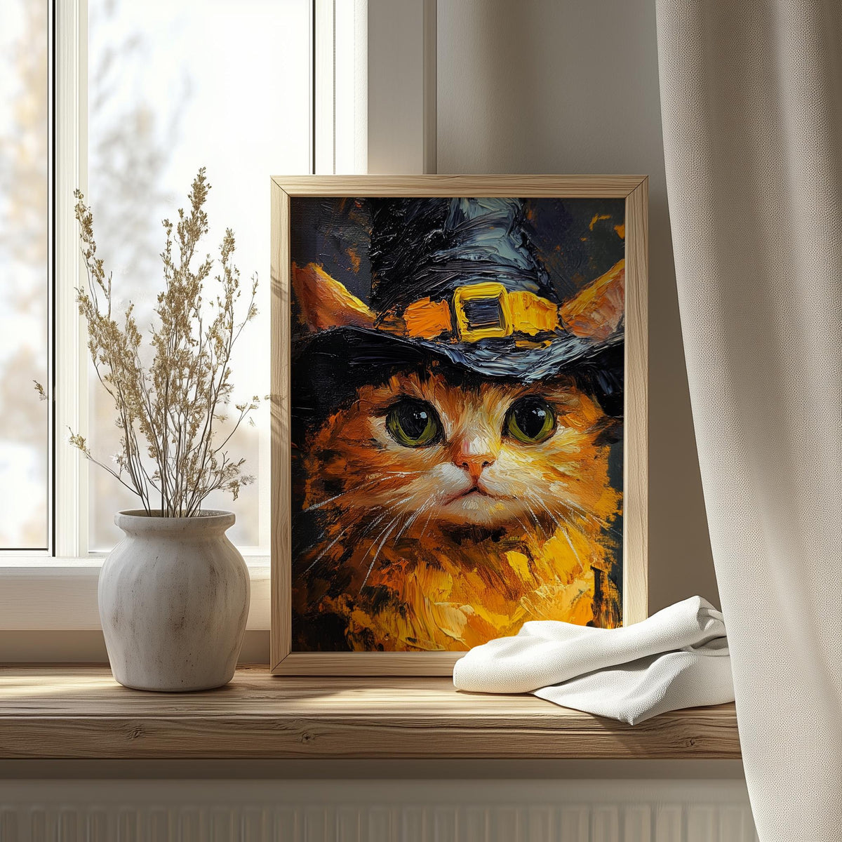 Tabby Witch Cat Halloween art print shown in a room setting