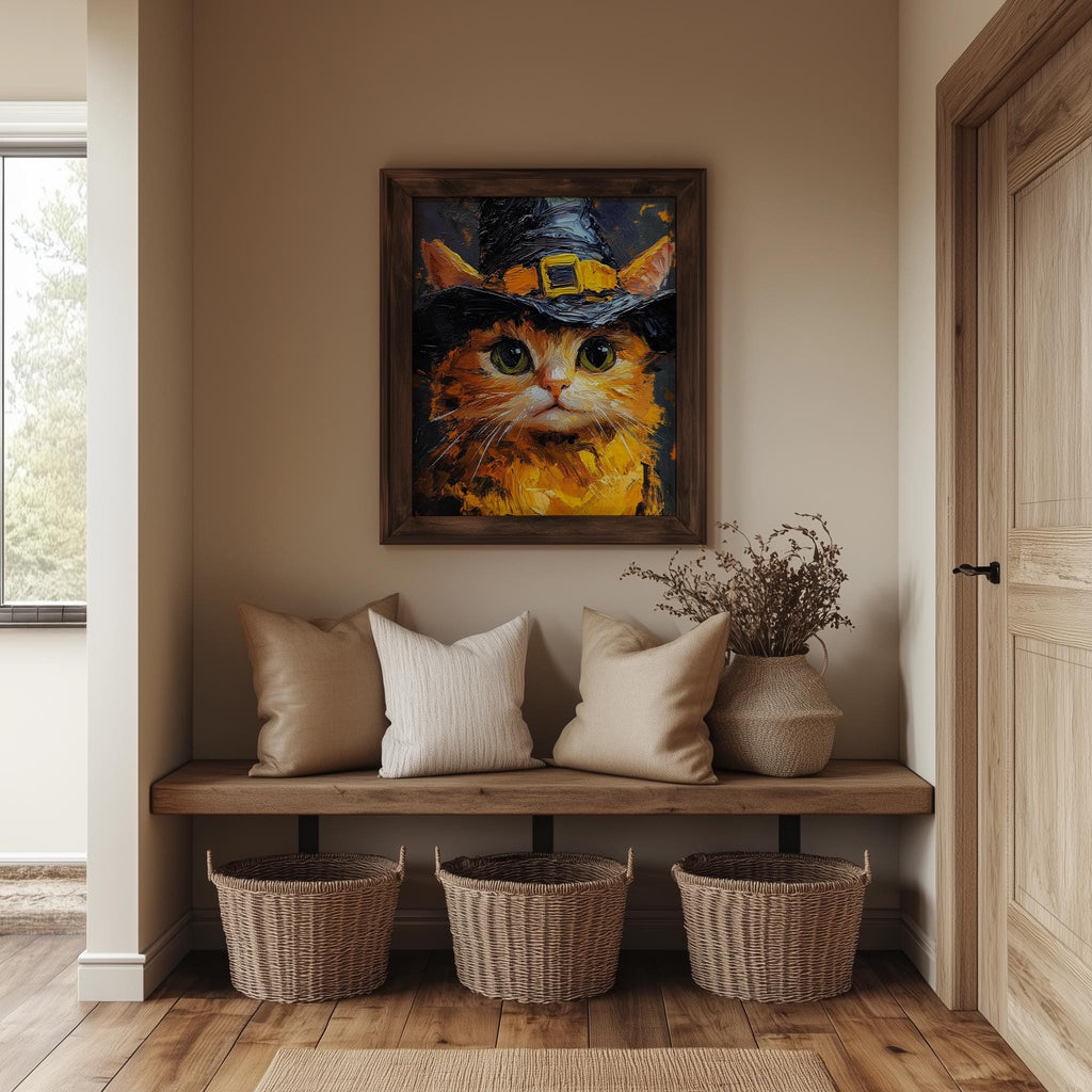 Tabby Witch Cat Halloween art print shown in a room setting