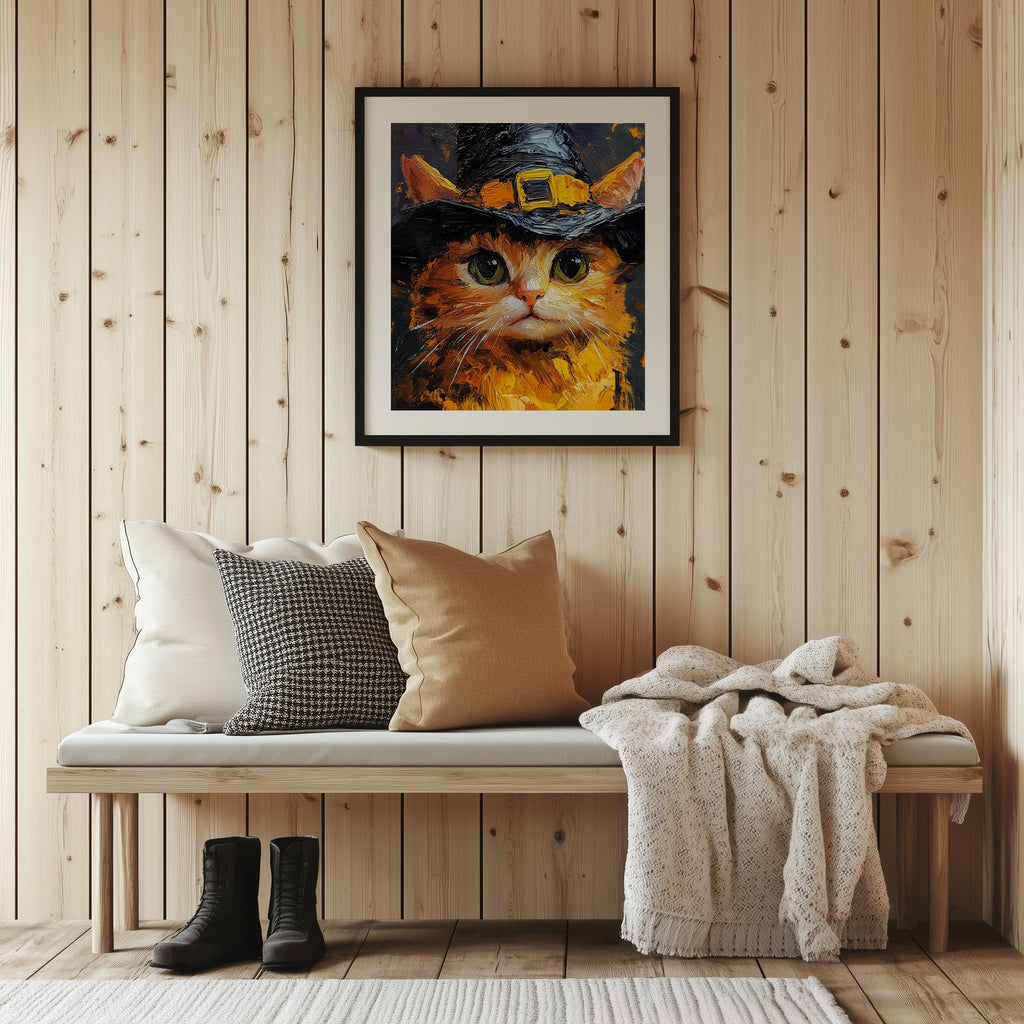 Tabby Witch Cat Halloween art print shown in a room setting