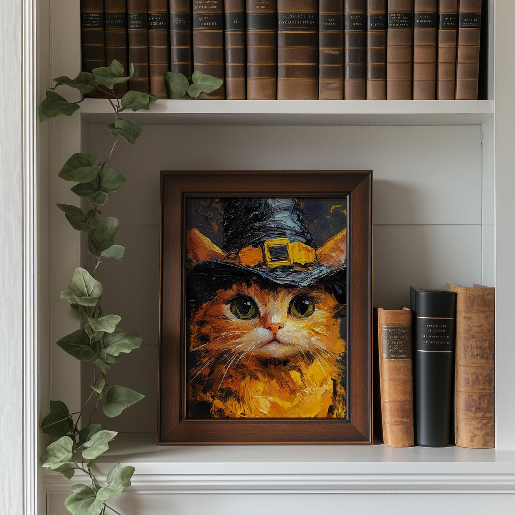 Tabby Witch Cat Halloween art print shown in a room setting