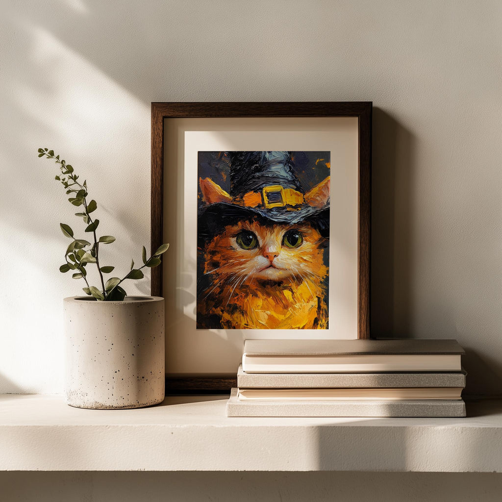 Tabby Witch Cat Halloween art print shown in a room setting