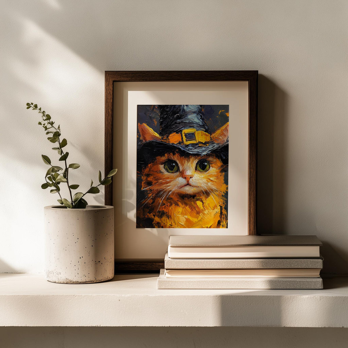 Tabby Witch Cat Halloween art print shown in a room setting