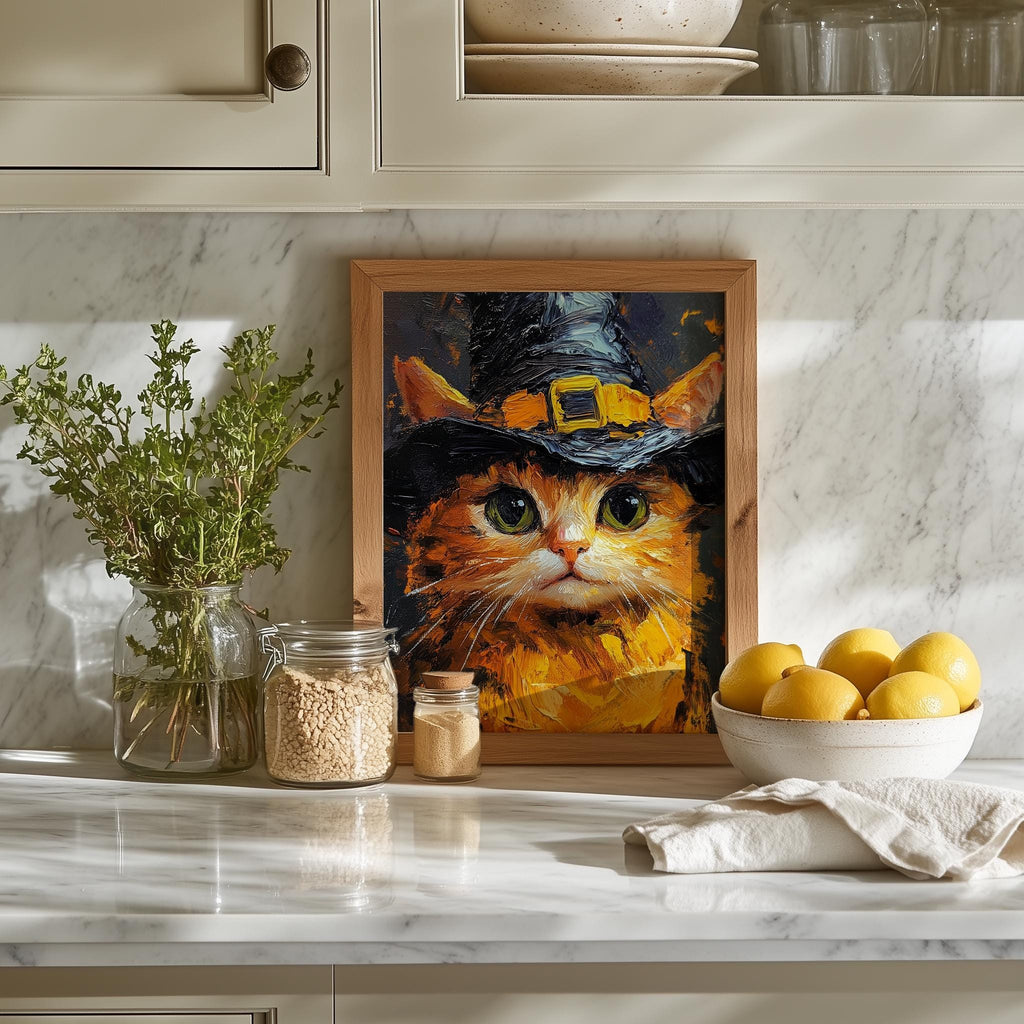 Tabby Witch Cat Halloween art print shown in a room setting