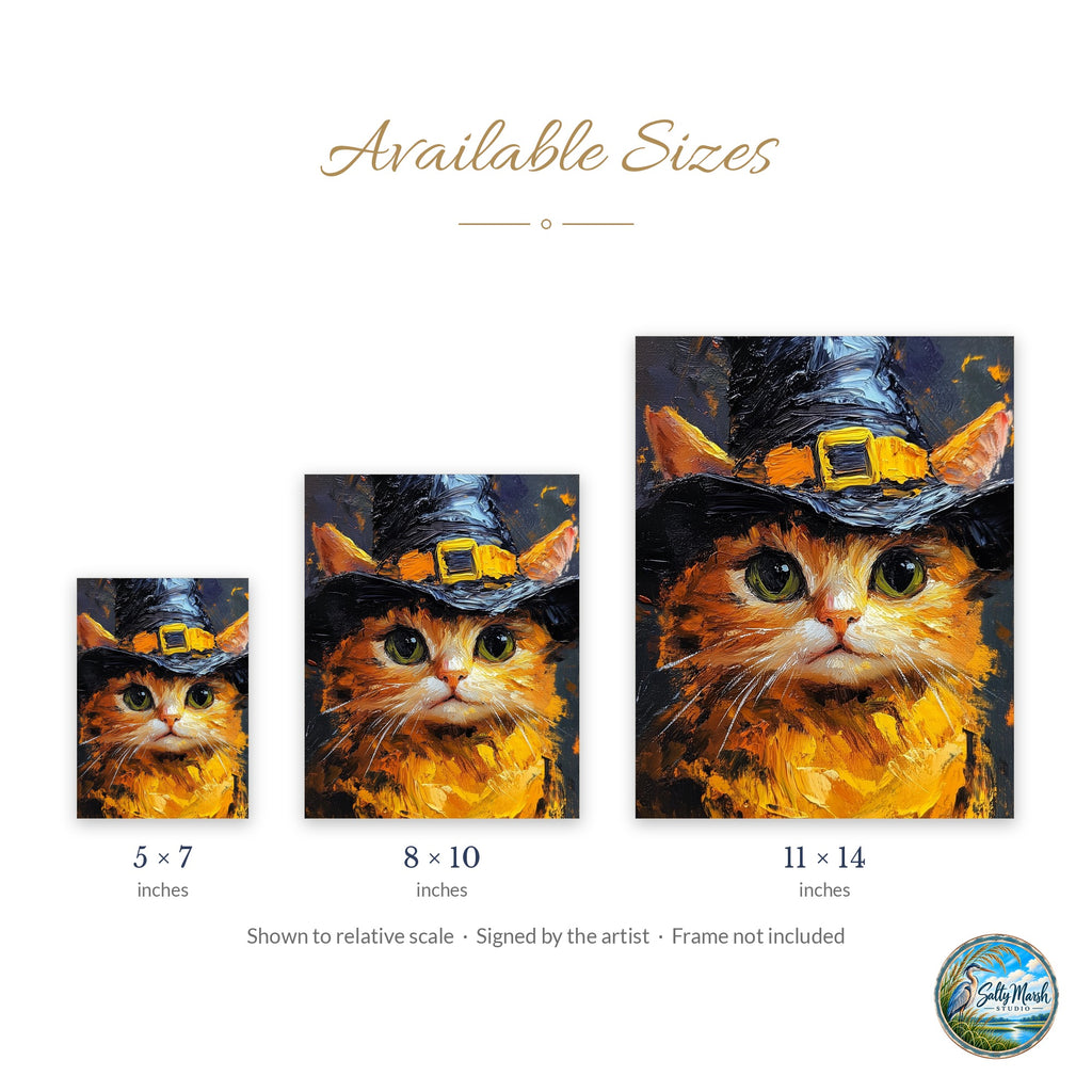 Tabby Witch Cat art print size guide: 5x7, 8x10 and 11x14