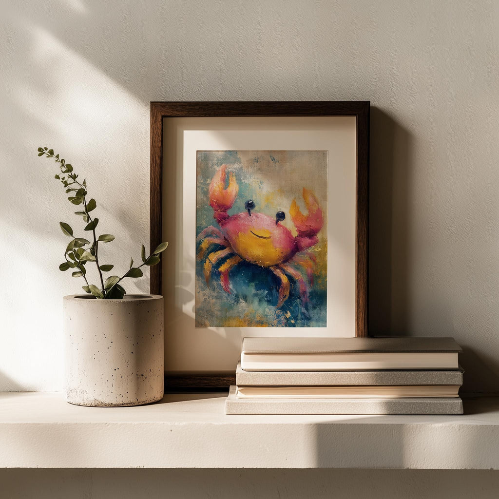Happy Crab animal art print shown in a room setting