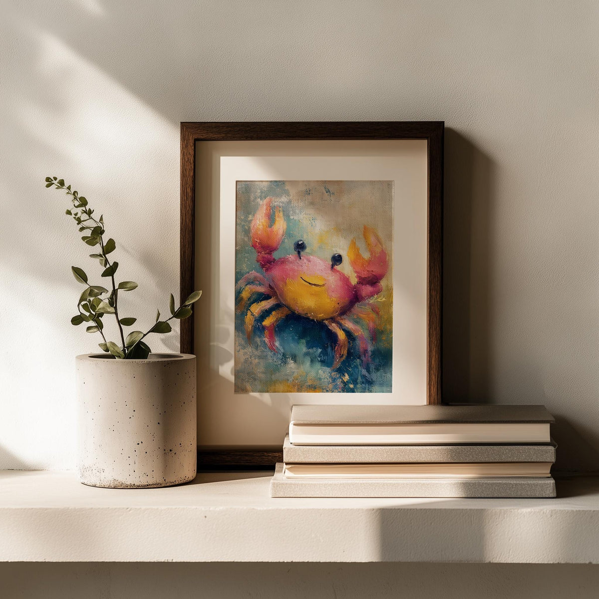 Happy Crab animal art print shown in a room setting